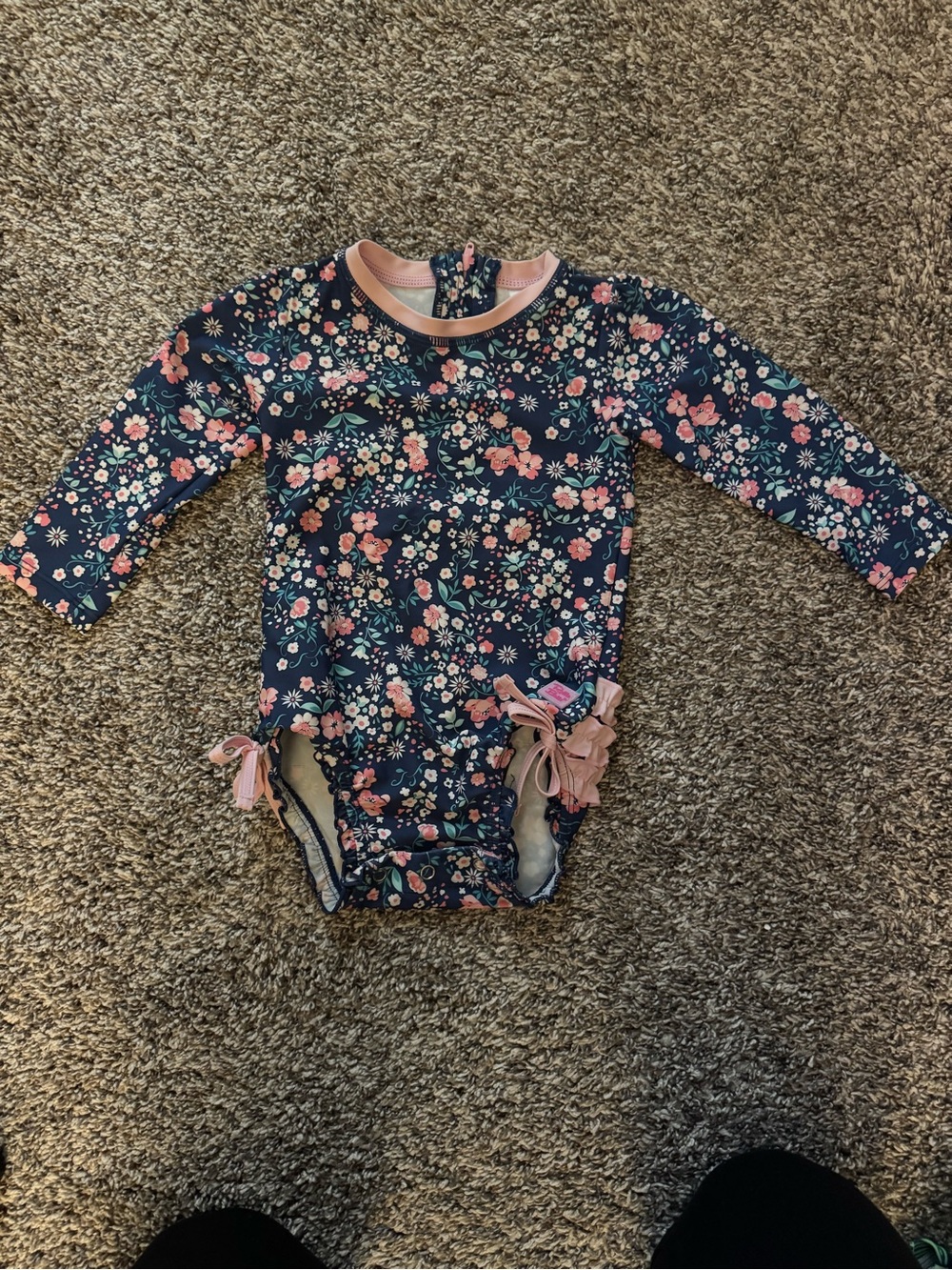 Ruffle Butts Navy Floral Long-Sleeve One-Piece with Pink Trim